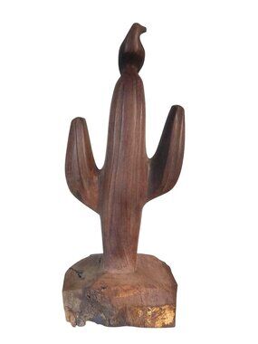 Hand Carved Ironwood Saguaro Cactus Sculpture Figurine, Bird Quail Southwest